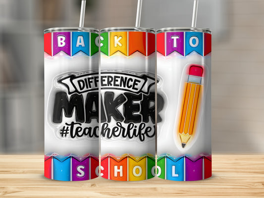Teacher tumbler with "Difference Maker #teacherlife" and colorful "BACK TO SCHOOL" text.