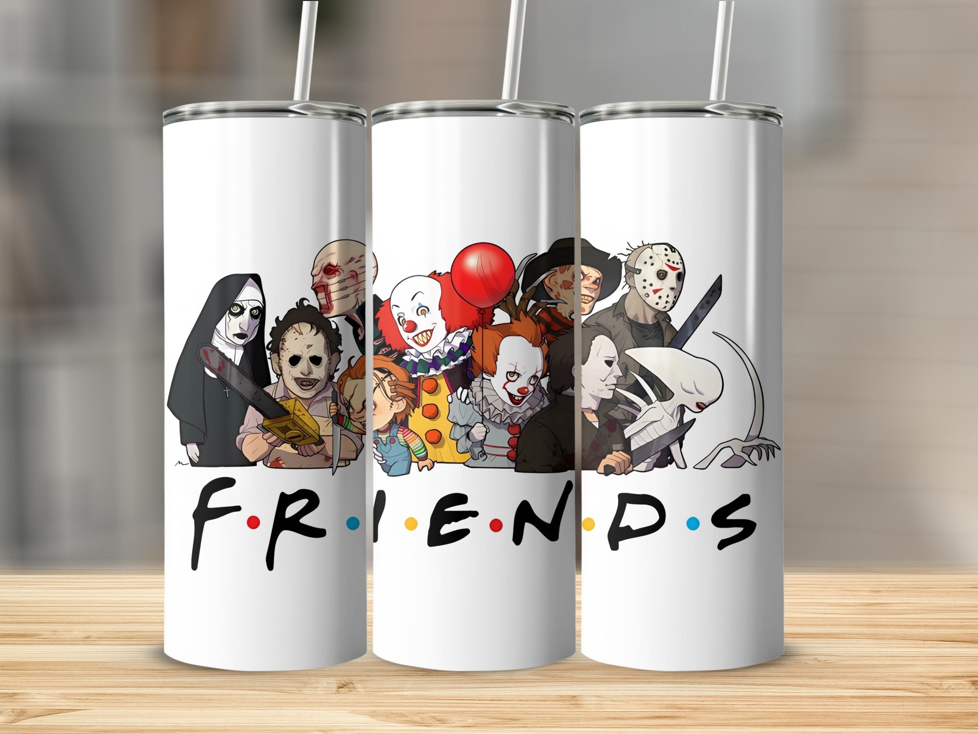 Horror movie characters and "FRIENDS" logo on white tumblers.