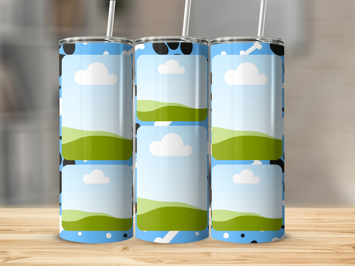 Three tumblers with a blue sky, cloud, and rolling green hills design.