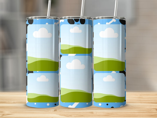 Three tumblers with a blue sky, cloud, and rolling green hills design.