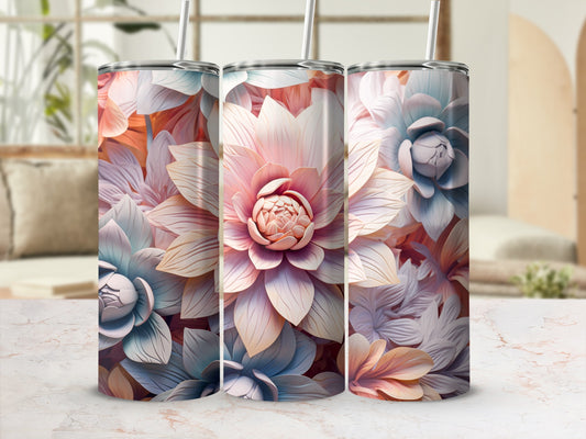 Three tall tumblers with a floral pattern in pastel blues, pinks, and oranges.