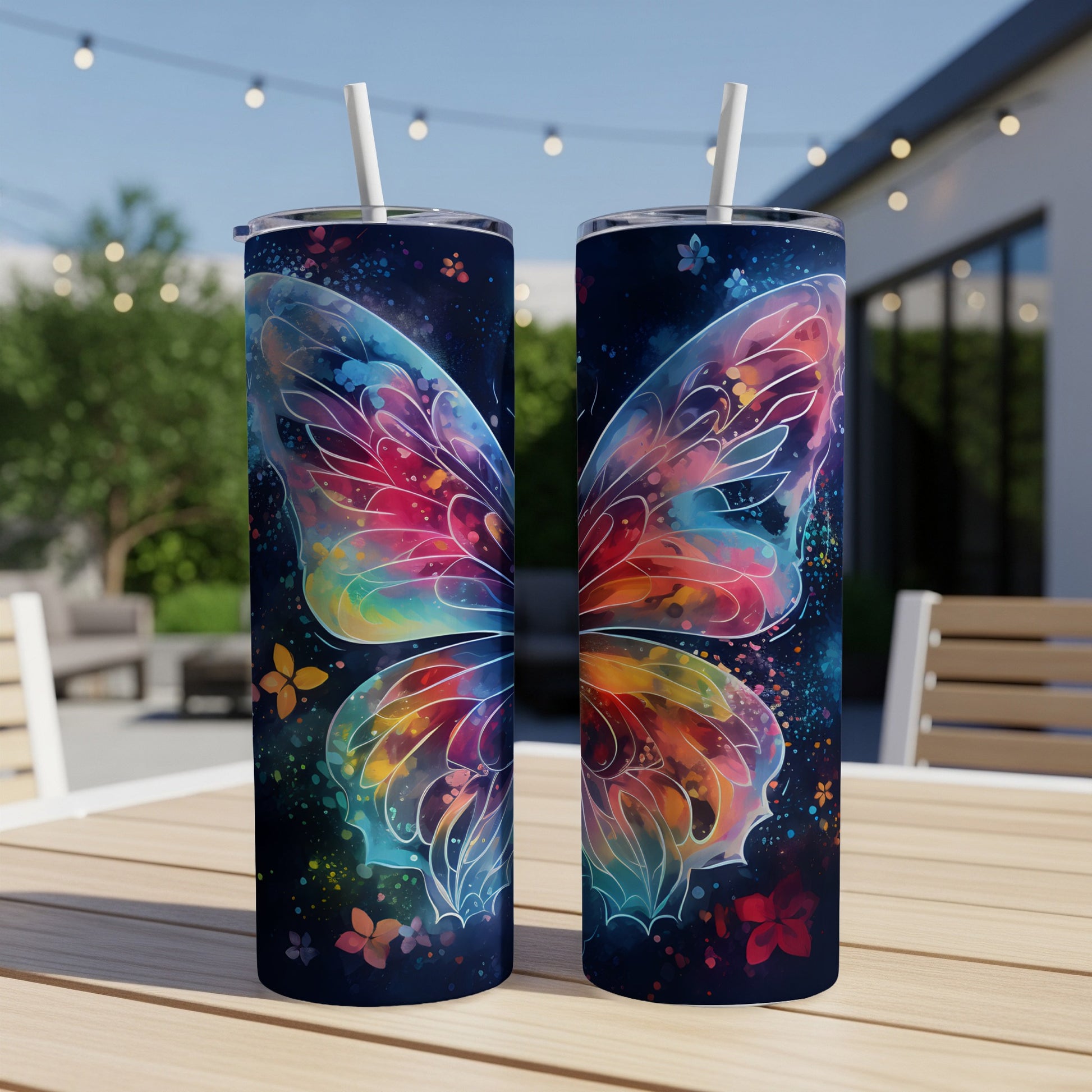 Two tumblers with vibrant watercolor butterfly wing designs on a dark background.