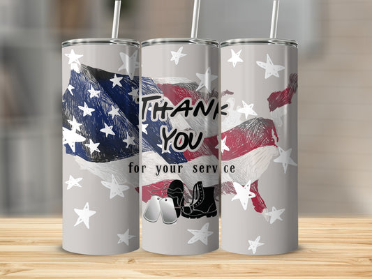 Tumbler with US flag map and "Thank You For Your Service" text.