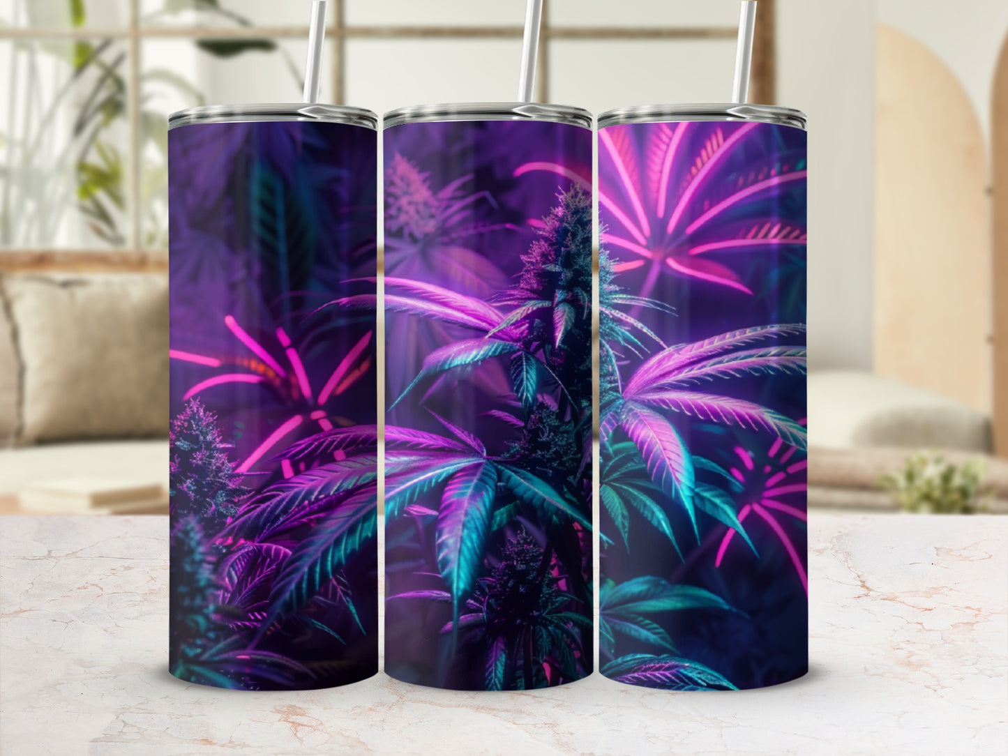 Three tumblers with cannabis leaf design in neon purple and teal.