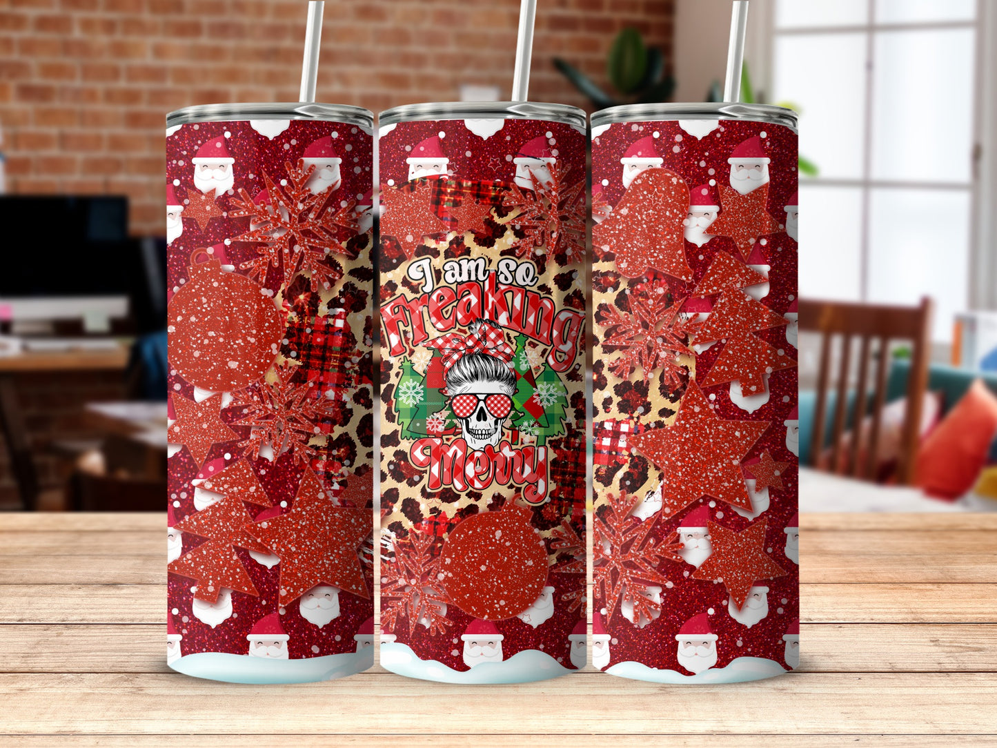 "I Am So Freaking Merry" tumbler with Santa, snowflakes, and leopard print.