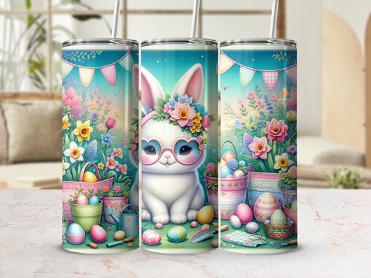White bunny with glasses and floral crown on a Easter-themed tumbler.