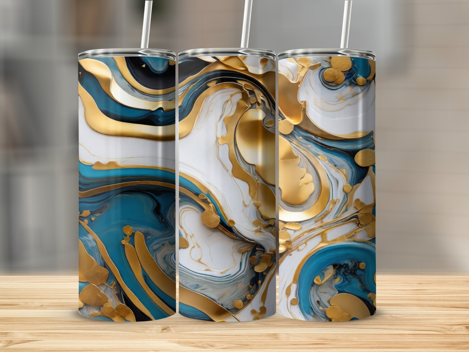 Three tumblers with swirling blue, white, and gold marble patterns.