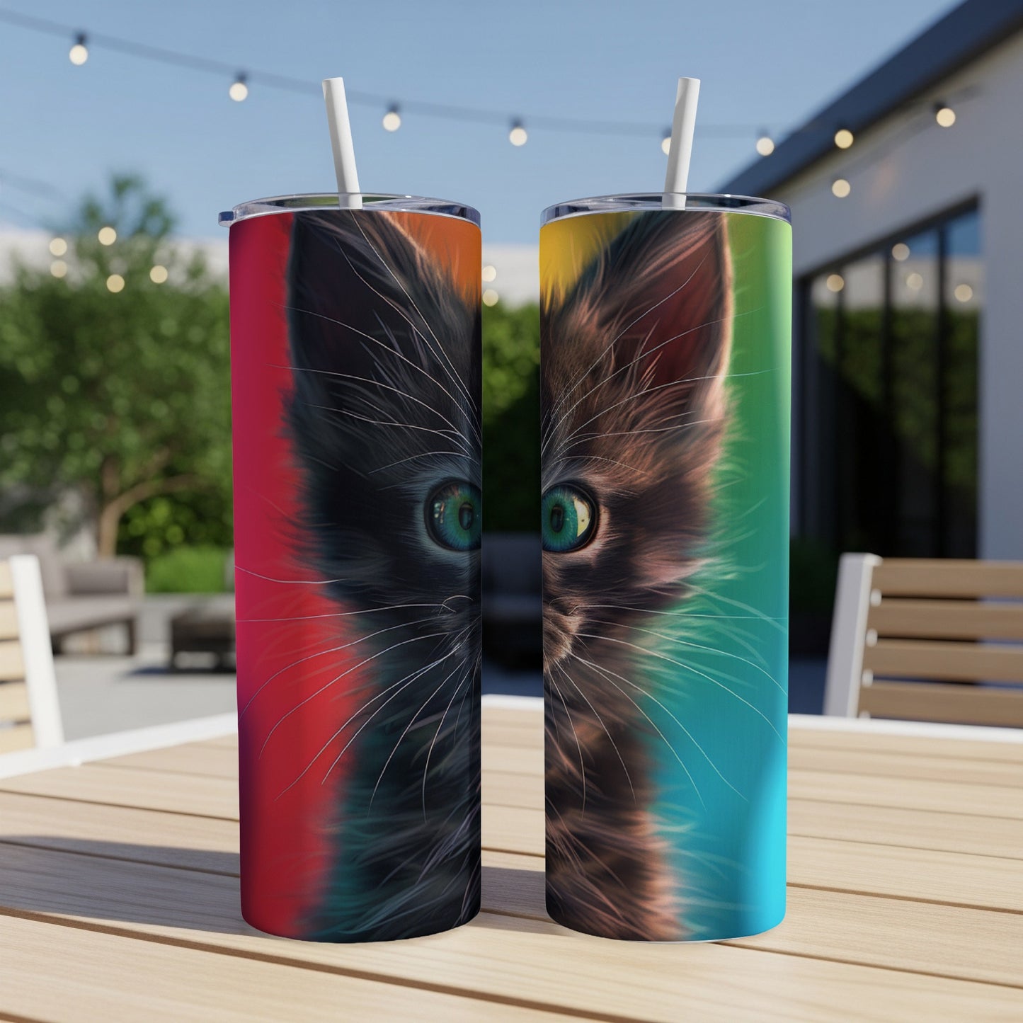 Two tumblers featuring a close-up of a black kitten's face with colorful background.
