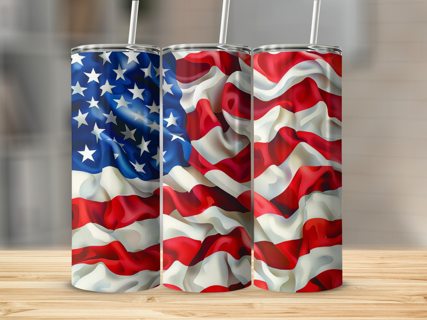 Three tumblers with wavy American flag designs.