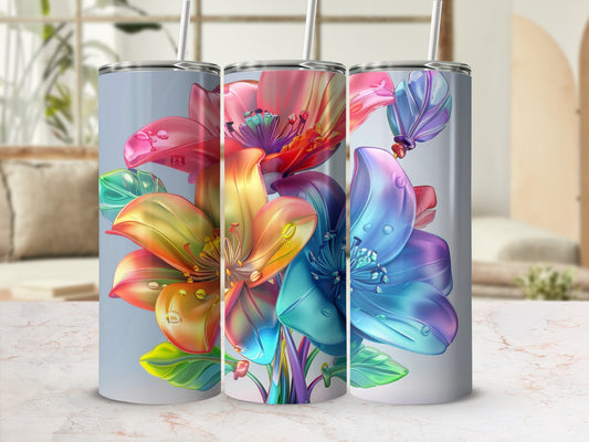 Three tumblers with colorful floral designs and butterflies.