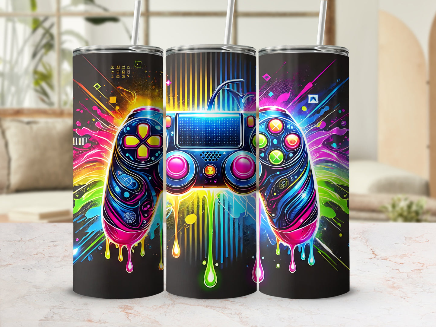 Gaming controller with colorful paint splatters on a black tumbler.