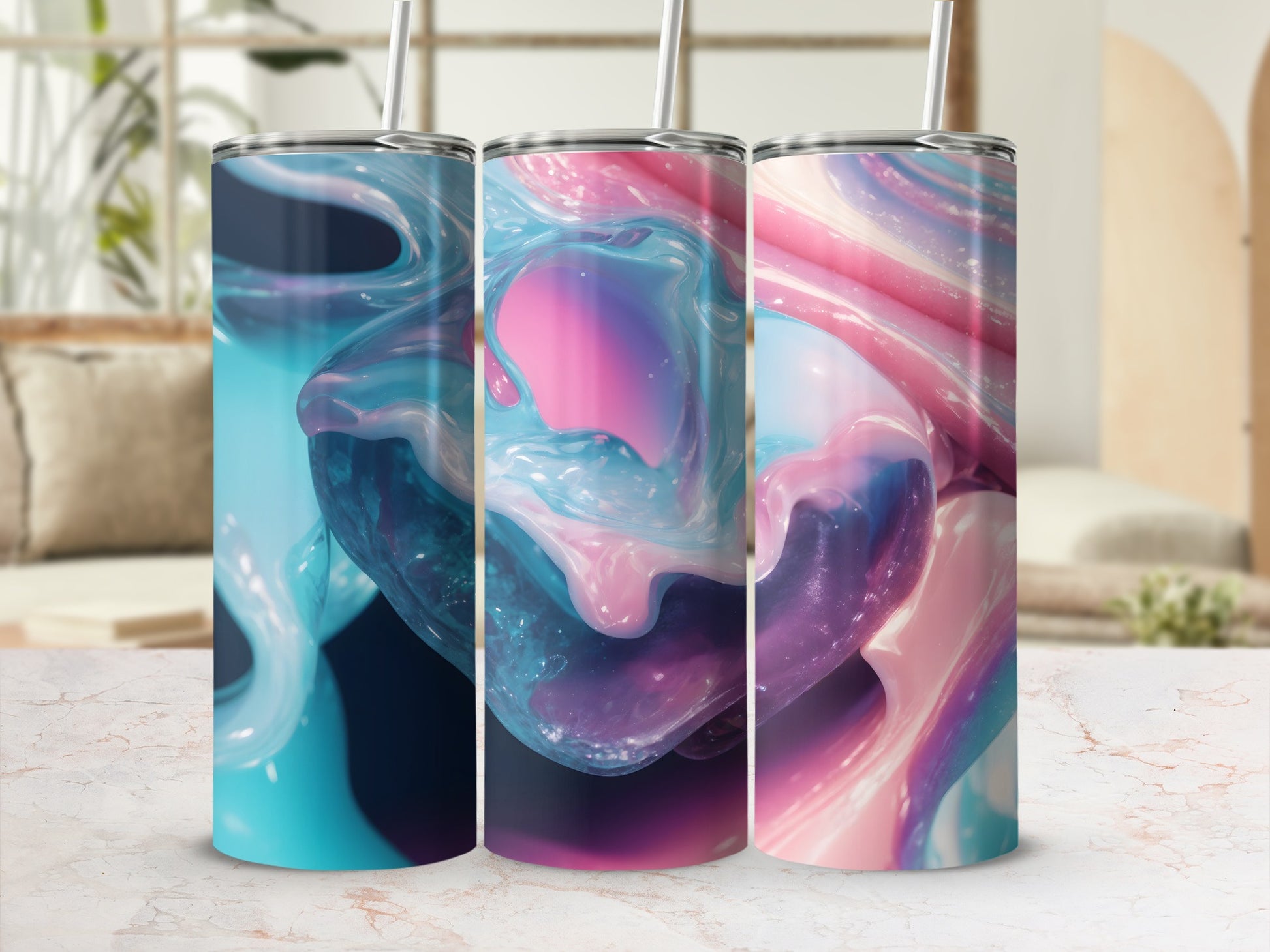 Three abstract swirls of pink, blue, and purple liquid on tumblers.