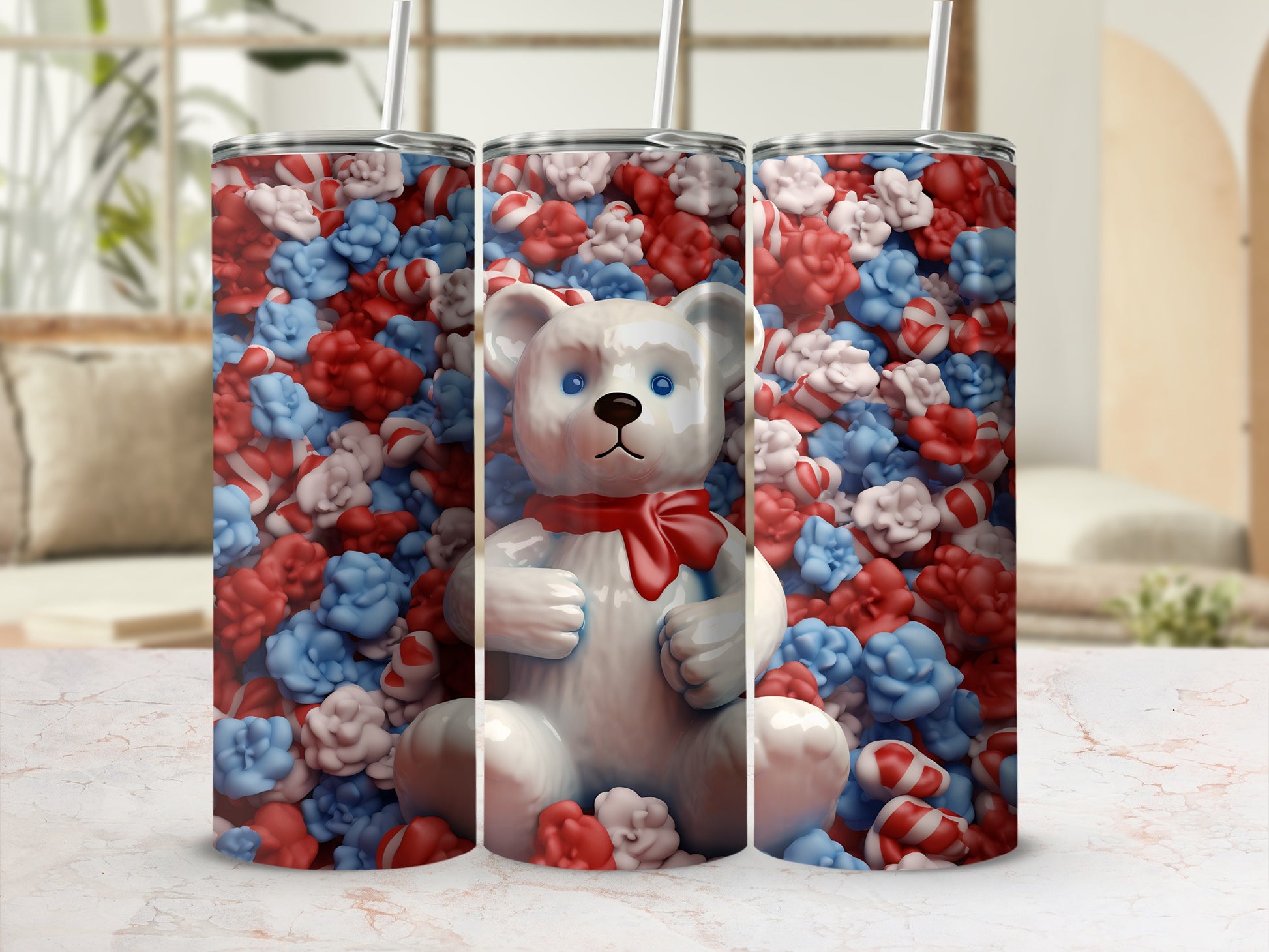 White teddy bear wearing a red bow, surrounded by red, white, and blue candies.