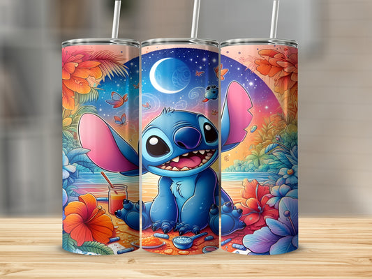 Stitch sitting on a beach with tropical flowers and a crescent moon.