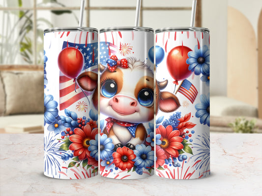 Cute cow with American flag and fireworks on patriotic tumbler.