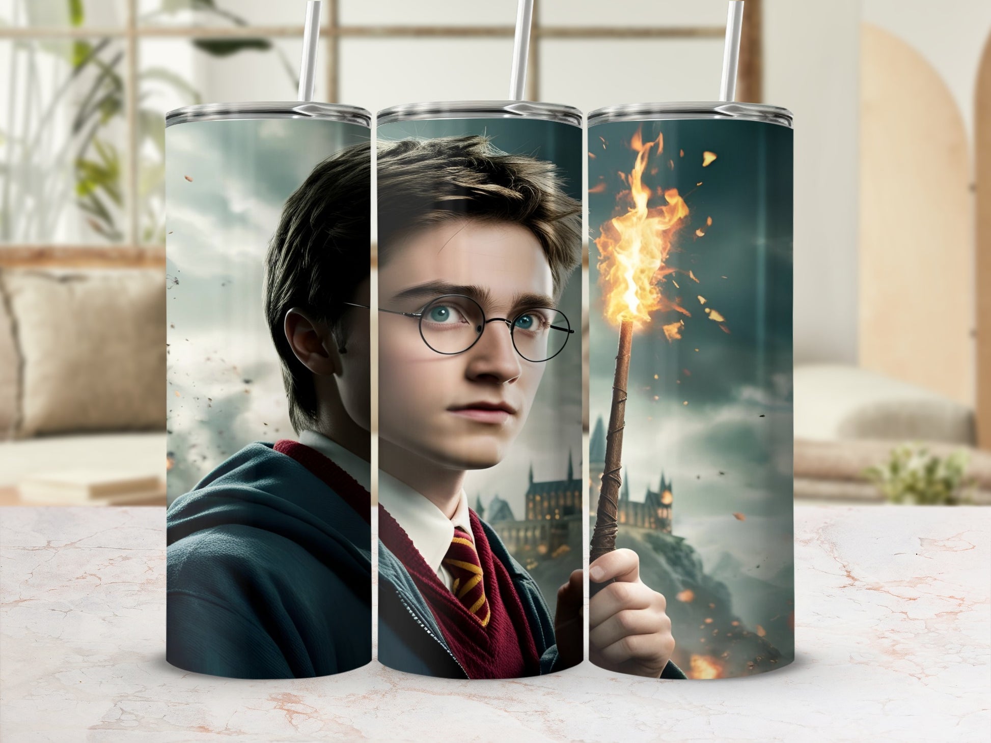 Harry Potter with wand and Hogwarts castle in background.