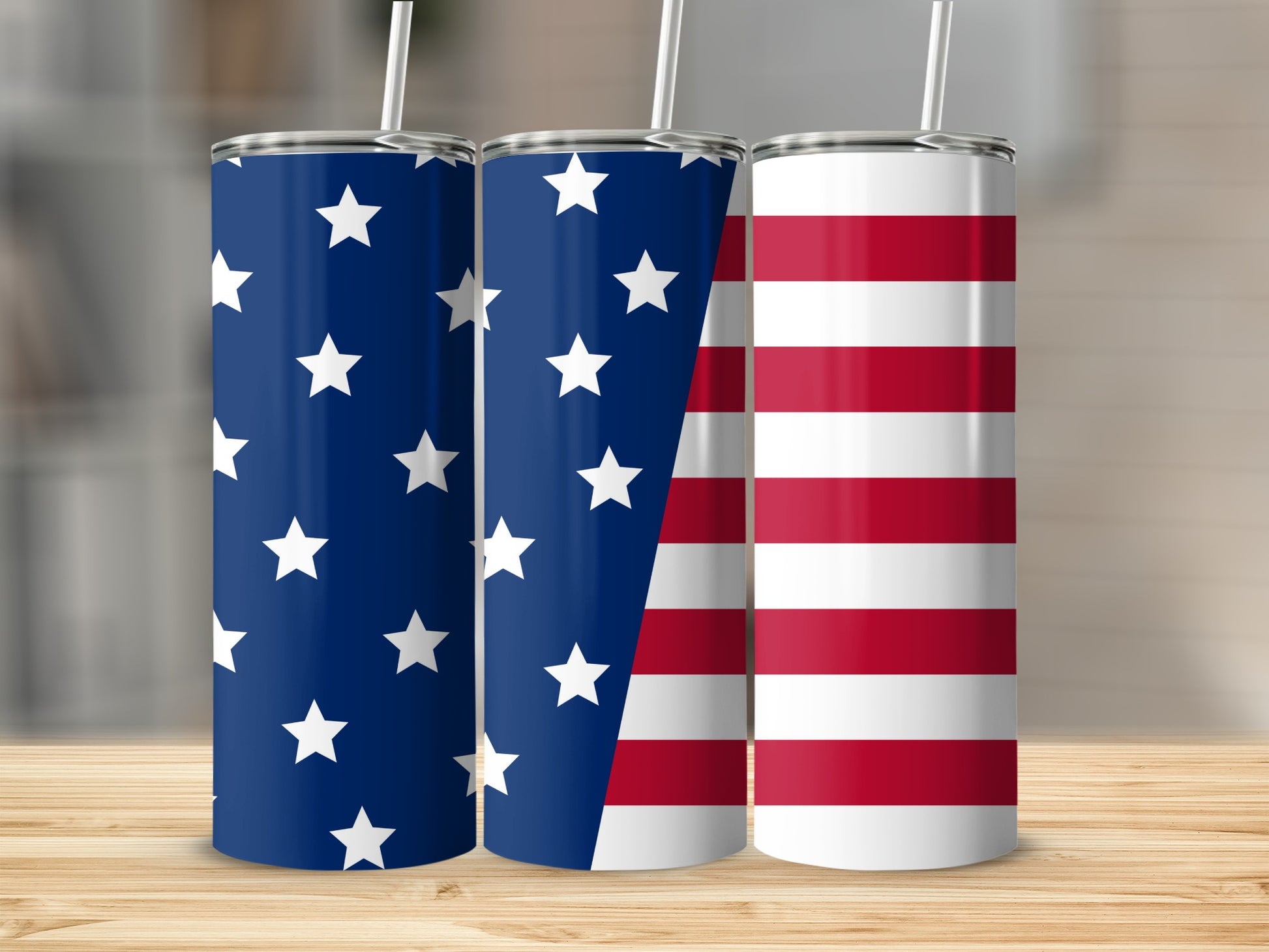 Three tall tumblers with American flag designs: stars and stripes.