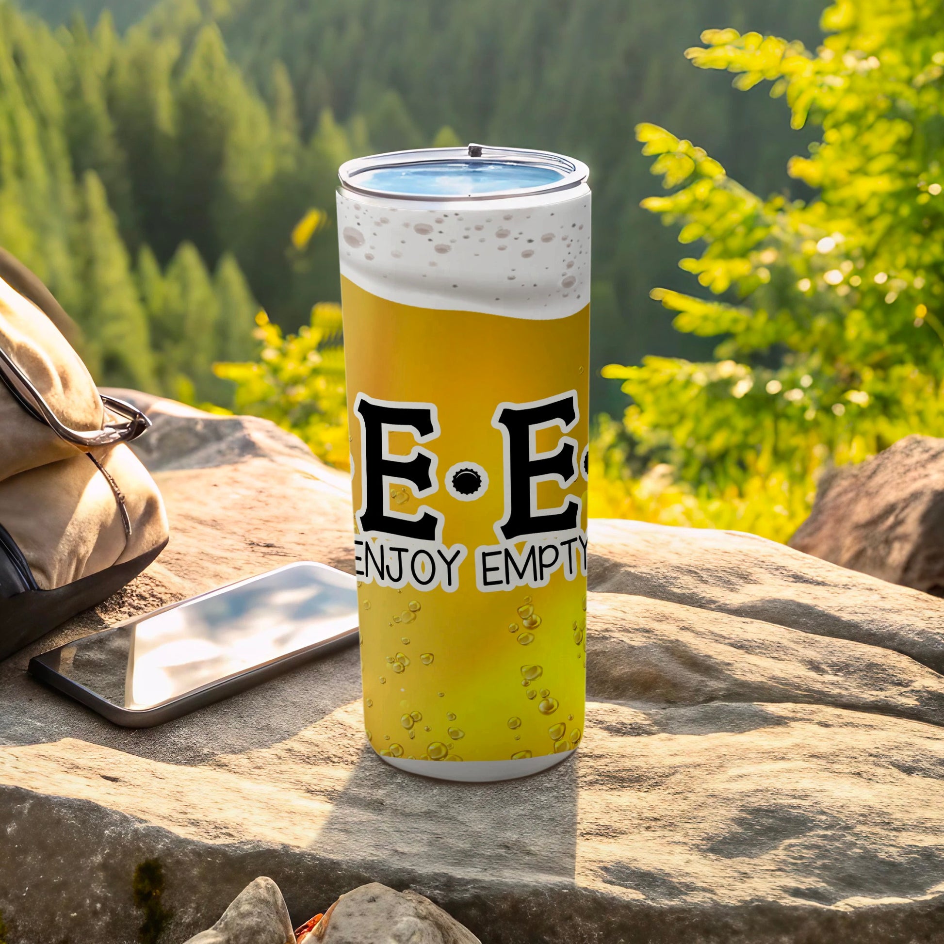 E.E ENJOY EMPTY beer foam bubbles yellow graphic tumbler product type
