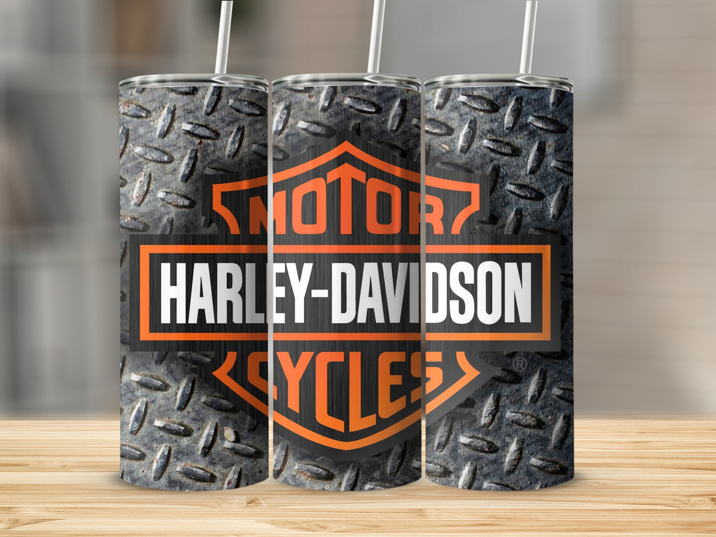 Harley-Davidson Cycles logo on metallic diamond plate pattern tumblers.