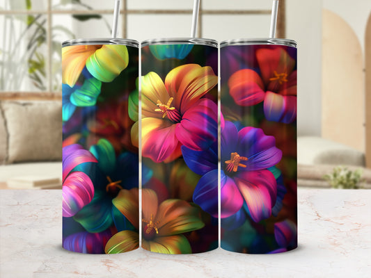 Colorful floral pattern on three tumblers with straws.