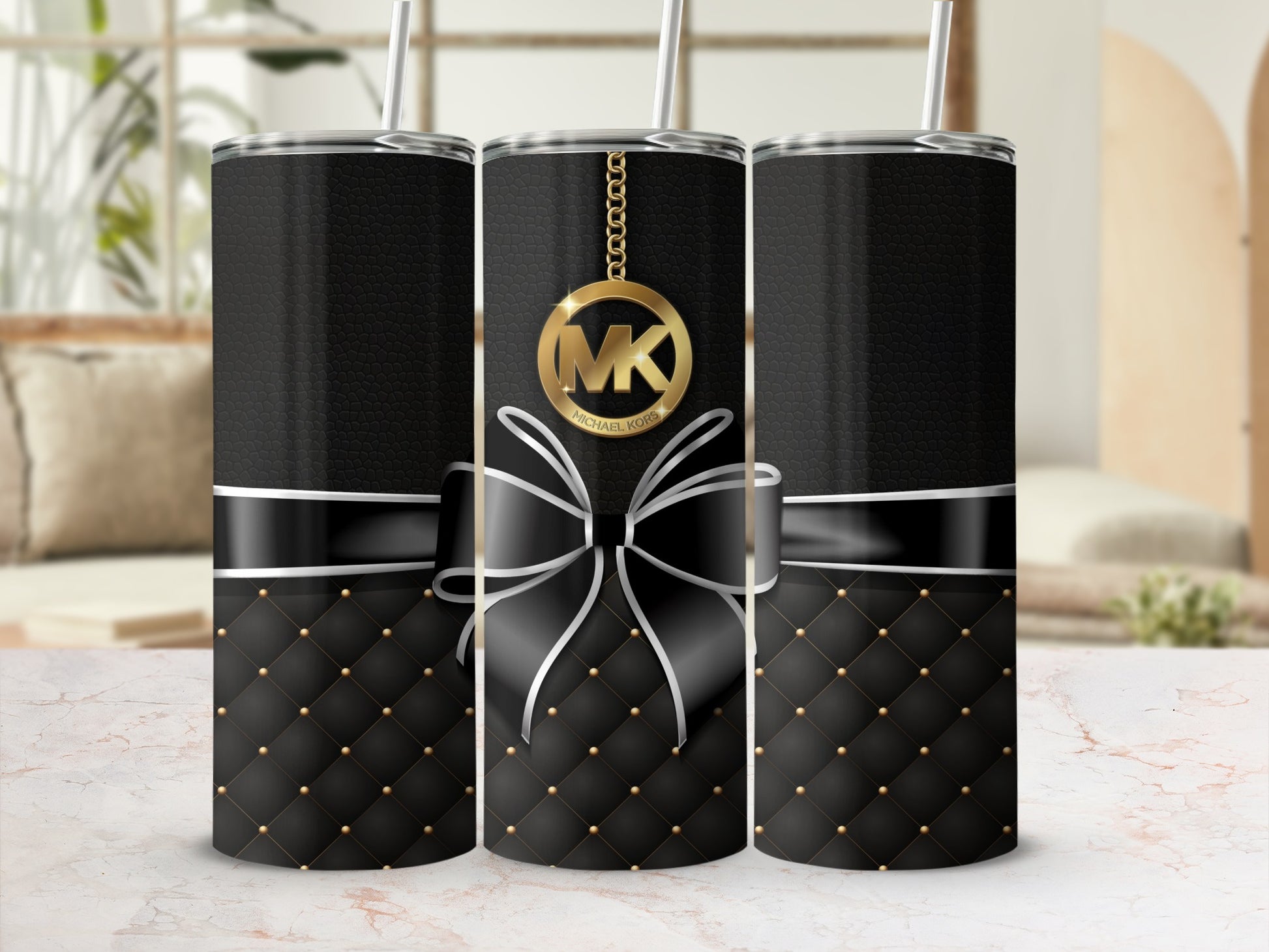 Elegant Black Quilted Design MK Tumbler with Bow Decor