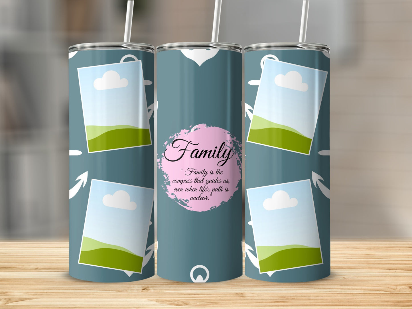 Three tumblers with a teal design featuring photos and the quote "Family is the compass that guides us".