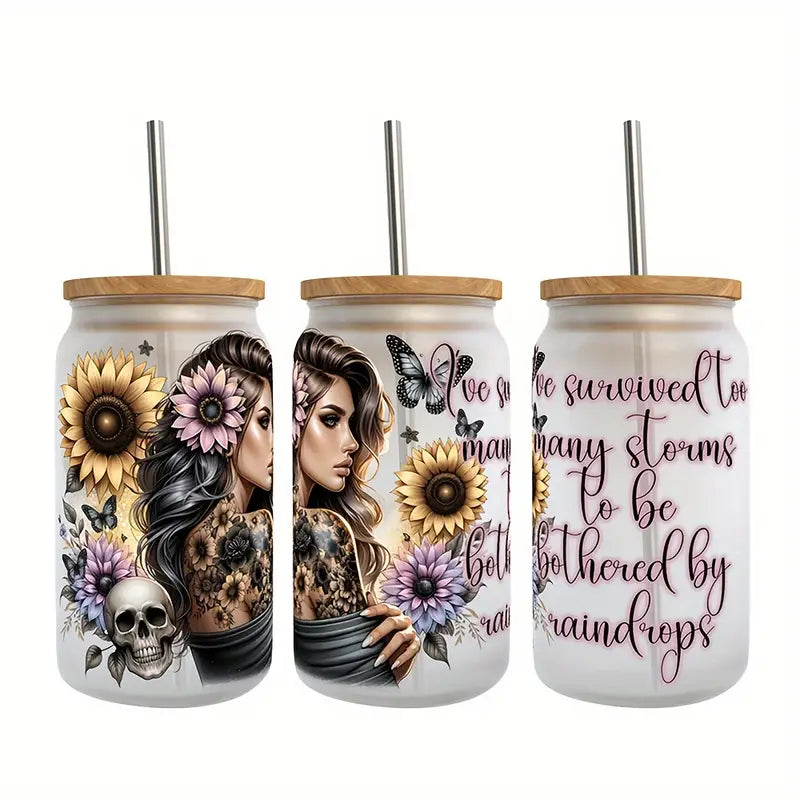 I've Survived Too Many Storms To be Bothered by Raindrops 16 ounce Glass tumbler